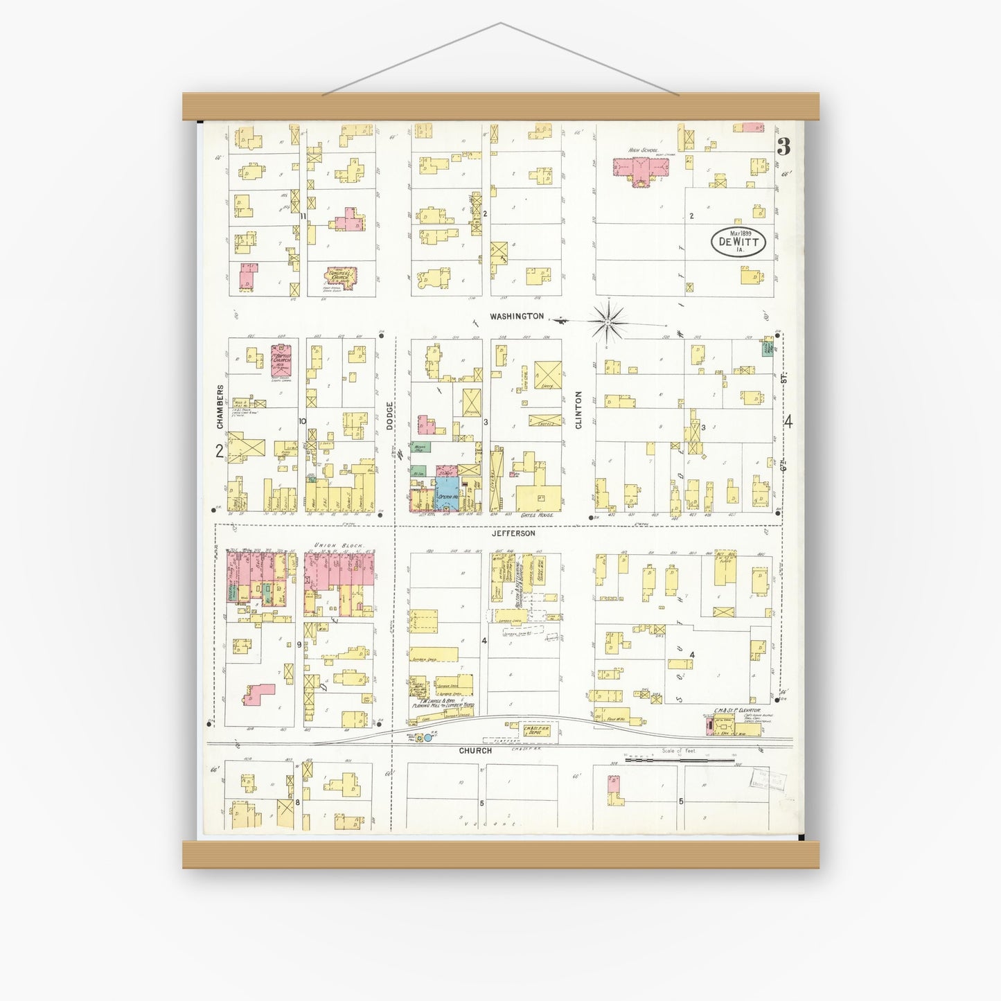 Old map wall art mockup — magnetic wood frame on white wall — Sanborn Fire Insurance Map from De Witt, Clinton County, Iowa (1899), Sheet #0003
