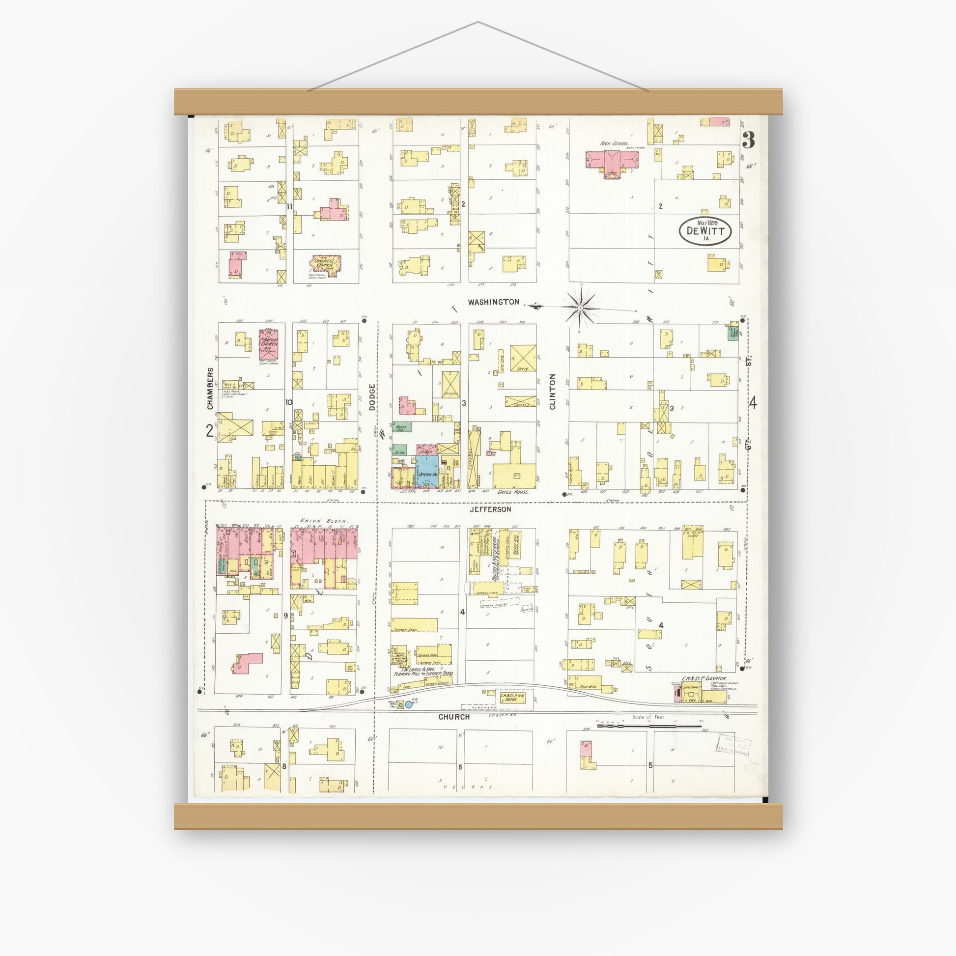 Old map wall art mockup — magnetic wood frame on white wall — Sanborn Fire Insurance Map from De Witt, Clinton County, Iowa (1899), Sheet #0003