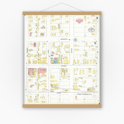 Old map wall art mockup — magnetic wood frame on white wall — Sanborn Fire Insurance Map from De Witt, Clinton County, Iowa (1899), Sheet #0003
