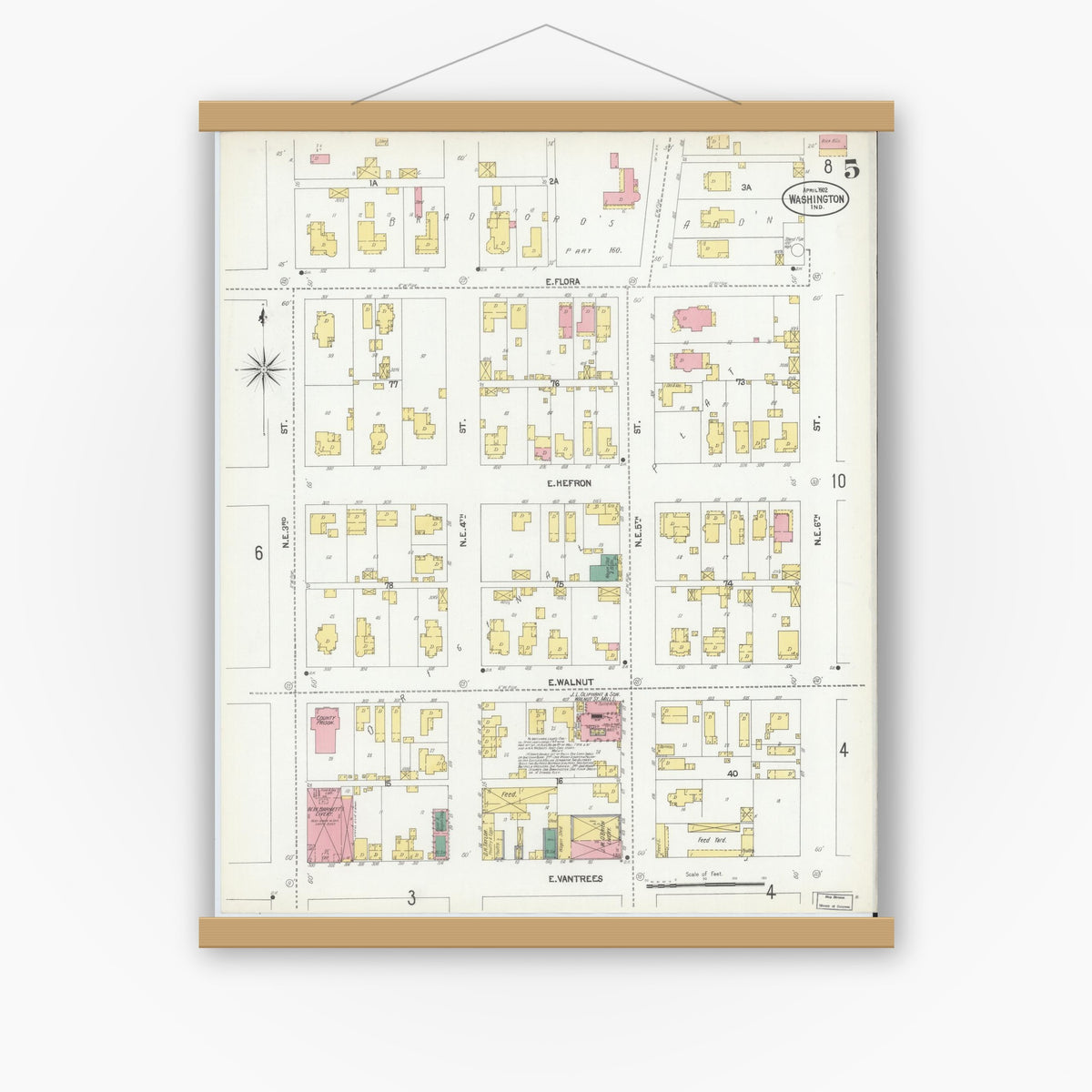 Old map wall art mockup — magnetic wood frame on white wall — Sanborn Fire Insurance Map from Washington, Daviess County, Indiana (1902), Sheet #0005