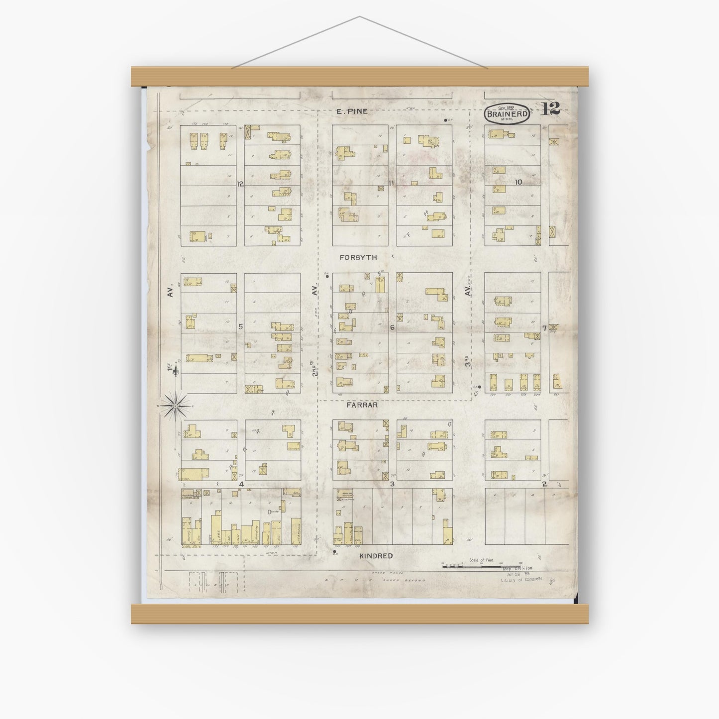 Old map wall art mockup — magnetic wood frame on white wall — Sanborn Fire Insurance Map from Brainerd, Crow Wing County, Minnesota (1892), Sheet #0012