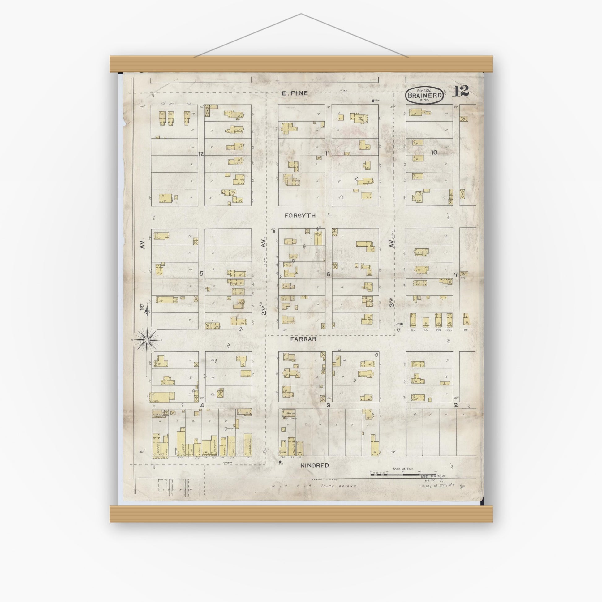 Old map wall art mockup — magnetic wood frame on white wall — Sanborn Fire Insurance Map from Brainerd, Crow Wing County, Minnesota (1892), Sheet #0012