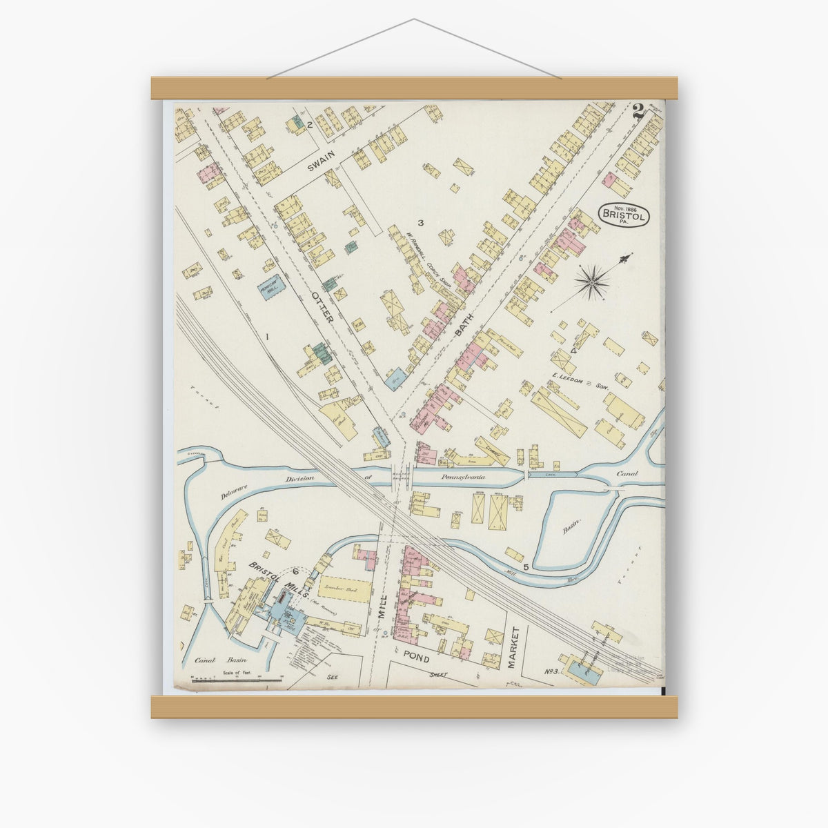 Old map wall art mockup — magnetic wood frame on white wall — Sanborn Fire Insurance Map from Bristol, Bucks County, Pennsylvania (1886), Sheet #0002
