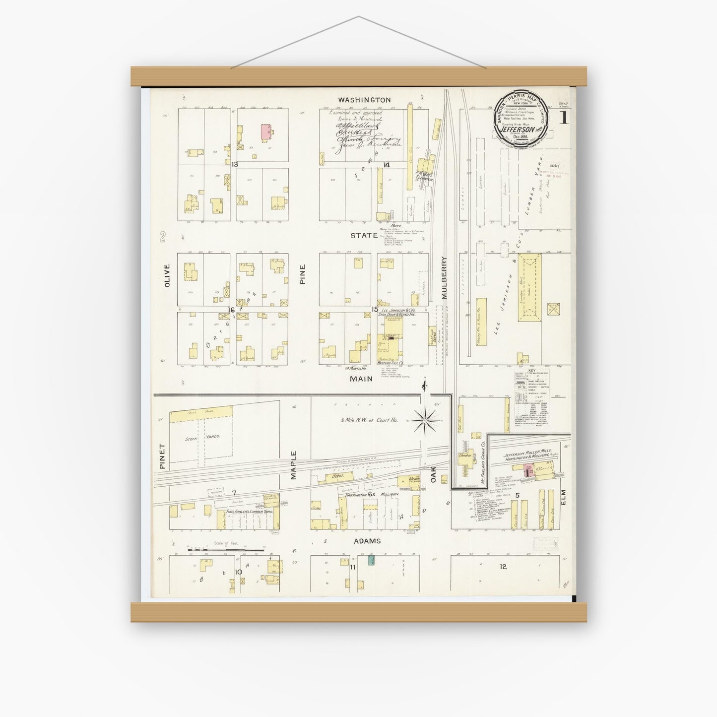 Old map wall art mockup — magnetic wood frame on white wall — Sanborn Fire Insurance Map from Jefferson, Greene County, Iowa (1893) â€” Complete Set