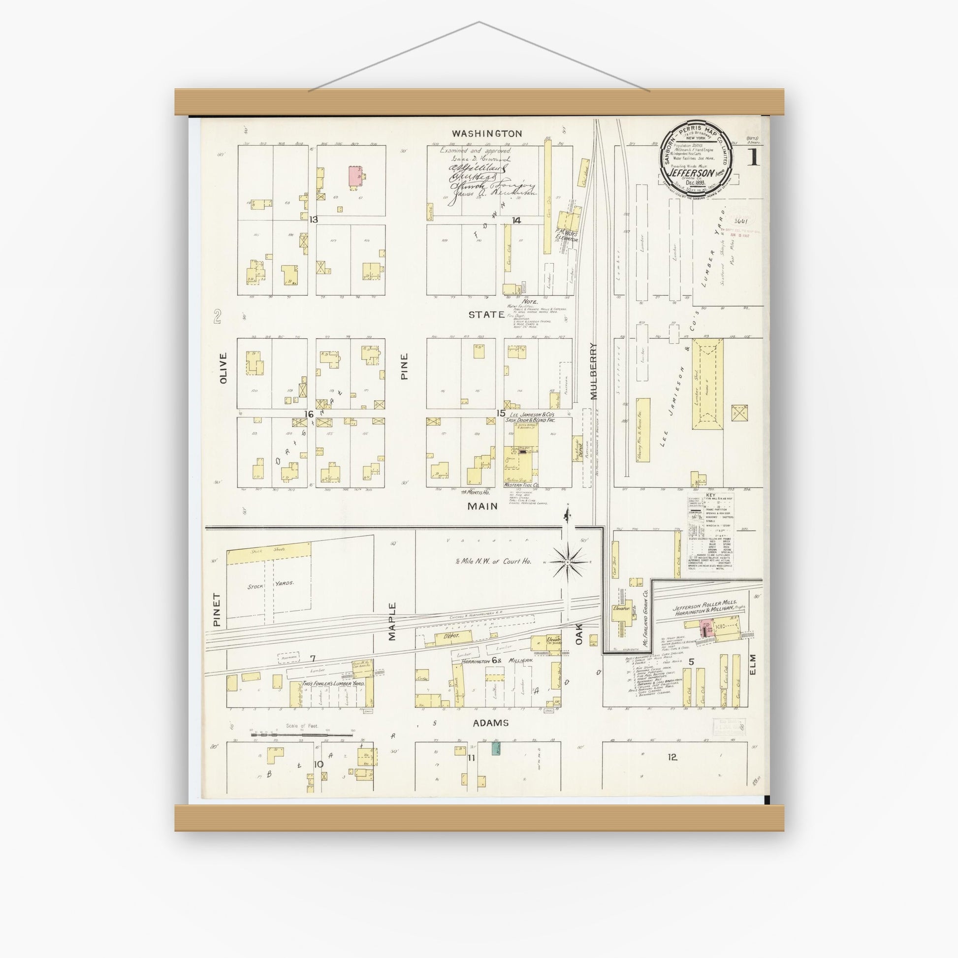 Old map wall art mockup — magnetic wood frame on white wall — Sanborn Fire Insurance Map from Jefferson, Greene County, Iowa (1893) â€” Complete Set