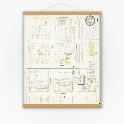 Old map wall art mockup — magnetic wood frame on white wall — Sanborn Fire Insurance Map from Jefferson, Greene County, Iowa (1893) â€” Complete Set