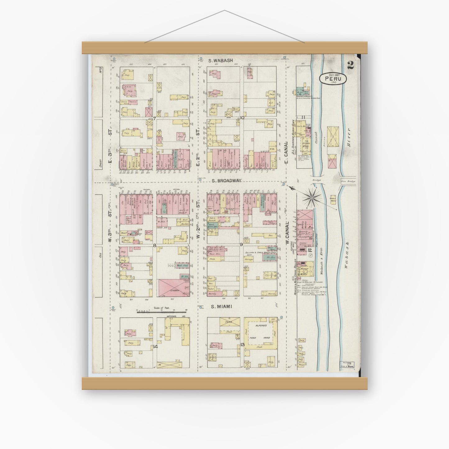 Old map wall art mockup — magnetic wood frame on white wall — Sanborn Fire Insurance Map from Peru, Miami County, Indiana (1887), Sheet #0002