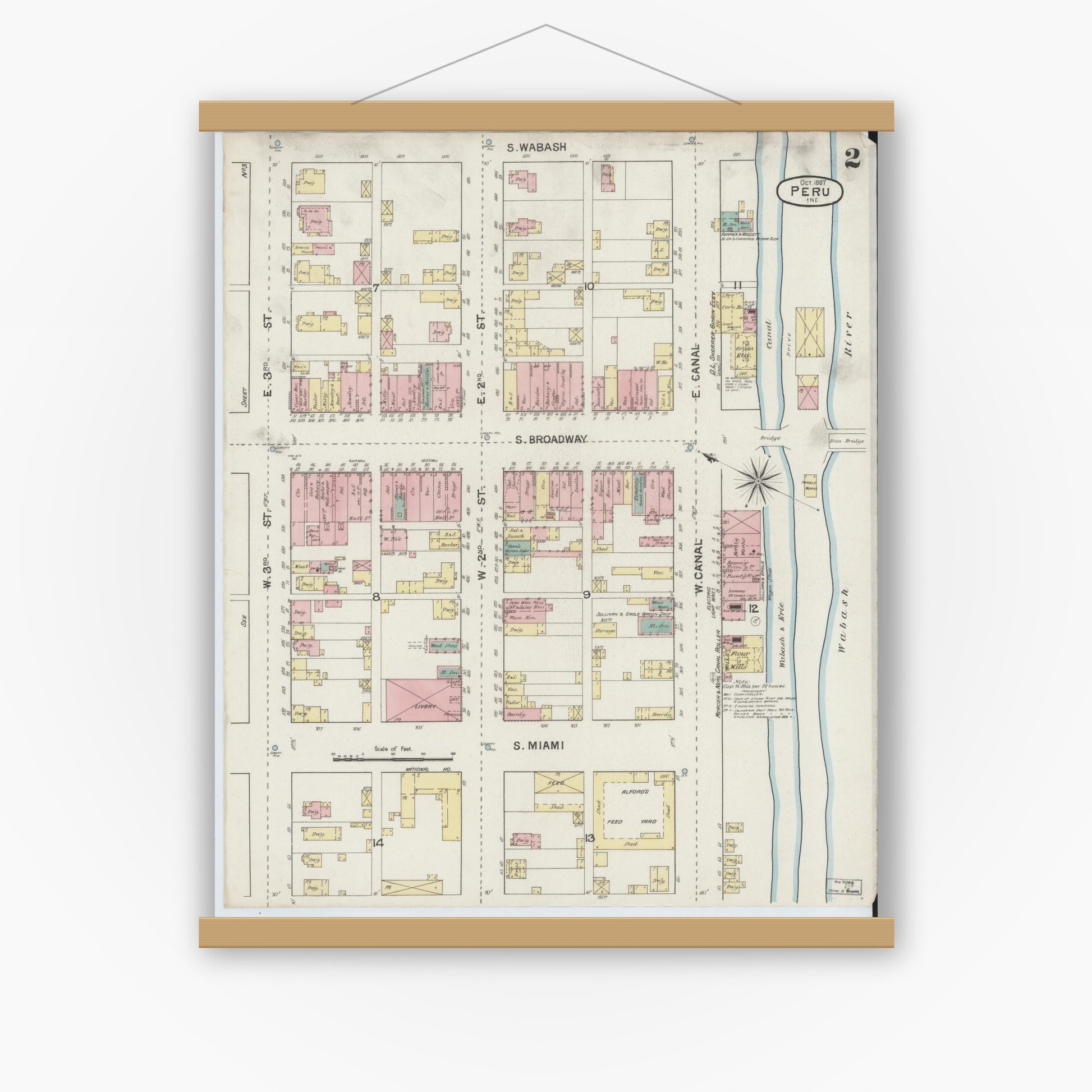 Old map wall art mockup — magnetic wood frame on white wall — Sanborn Fire Insurance Map from Peru, Miami County, Indiana (1887), Sheet #0002
