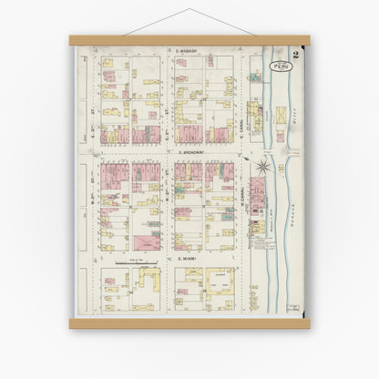 Old map wall art mockup — magnetic wood frame on white wall — Sanborn Fire Insurance Map from Peru, Miami County, Indiana (1887), Sheet #0002