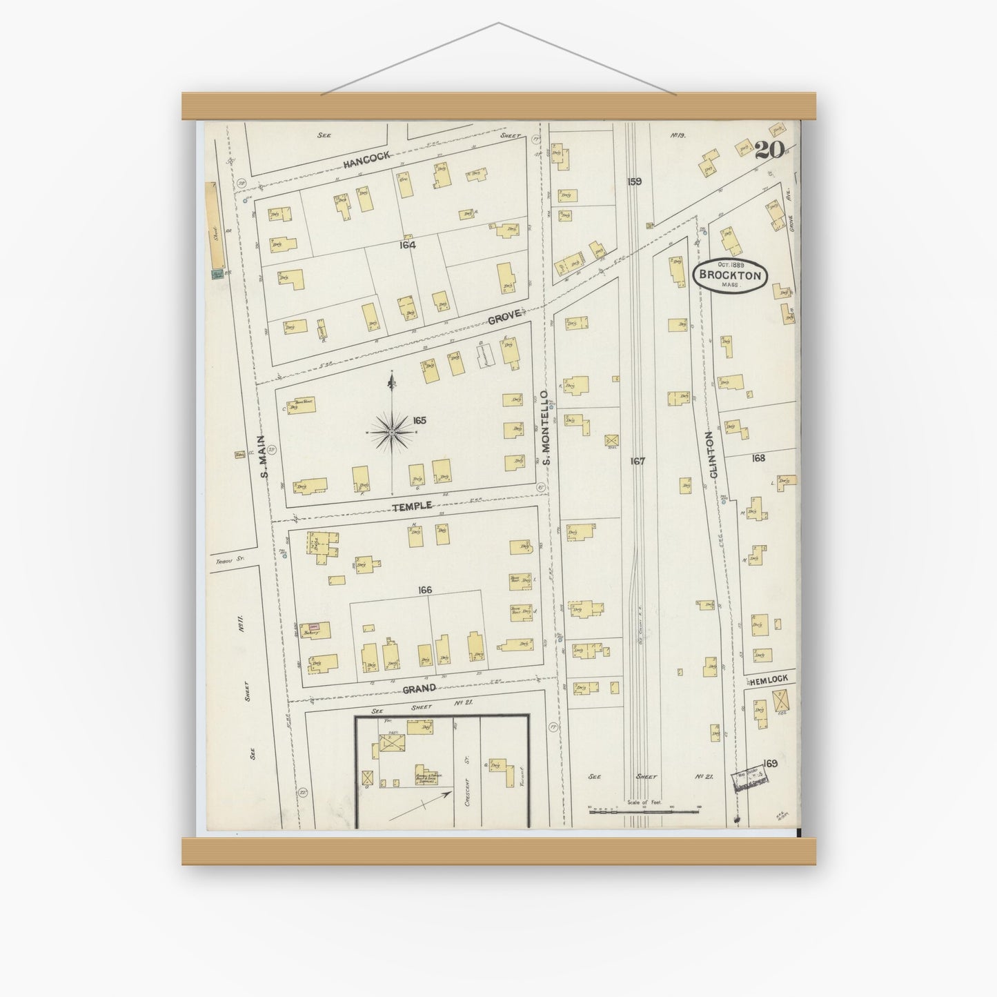 Old map wall art mockup — magnetic wood frame on white wall — Sanborn Fire Insurance Map from Brockton, Plymouth County, Massachusetts (1889), Sheet #0020