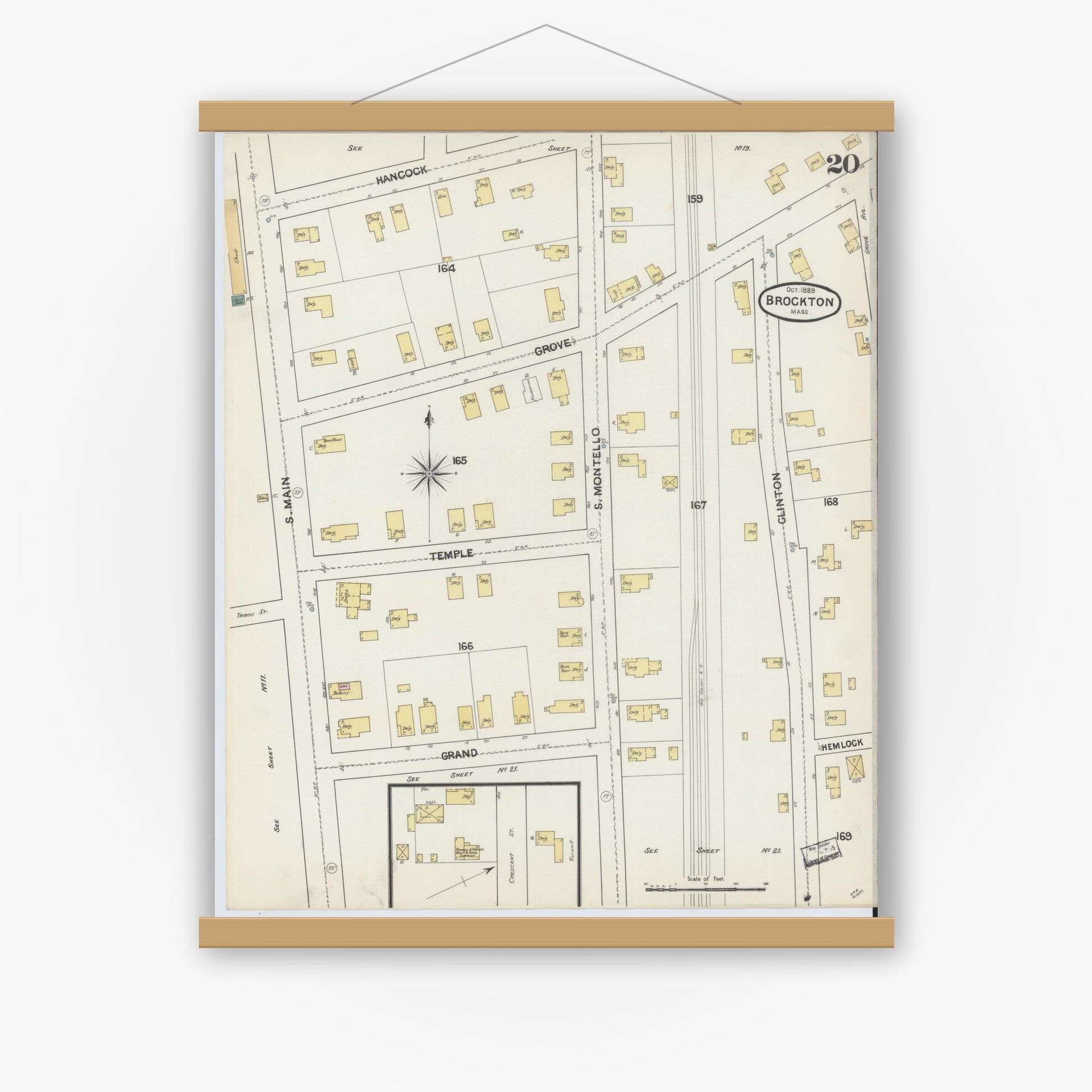 Old map wall art mockup — magnetic wood frame on white wall — Sanborn Fire Insurance Map from Brockton, Plymouth County, Massachusetts (1889), Sheet #0020