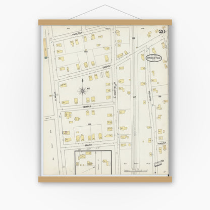 Old map wall art mockup — magnetic wood frame on white wall — Sanborn Fire Insurance Map from Brockton, Plymouth County, Massachusetts (1889), Sheet #0020