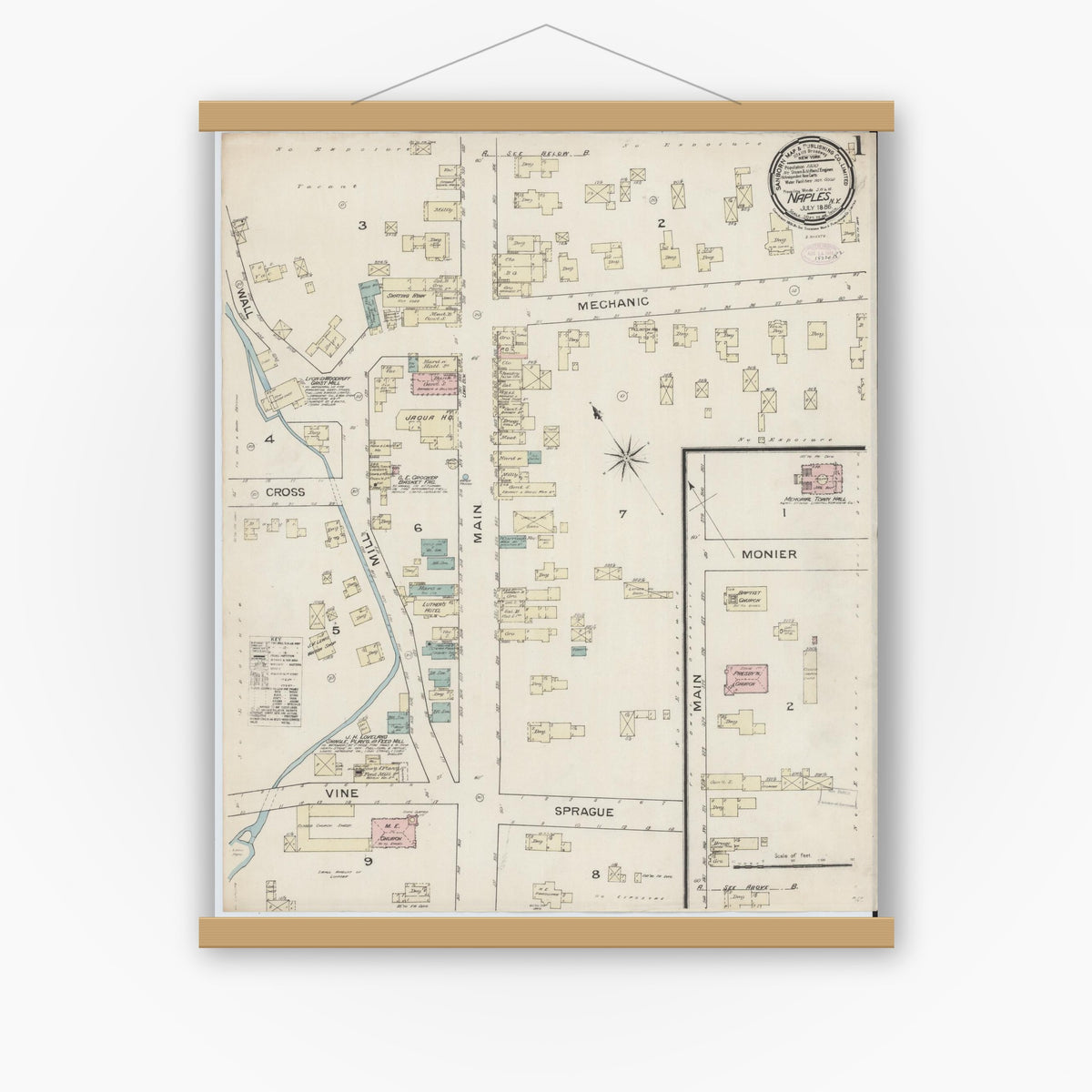 Old map wall art mockup — magnetic wood frame on white wall — Sanborn Fire Insurance Map from Naples, Ontario County, New York (1886) - Complete Map Set