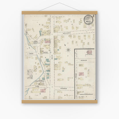 Old map wall art mockup — magnetic wood frame on white wall — Sanborn Fire Insurance Map from Naples, Ontario County, New York (1886) - Complete Map Set