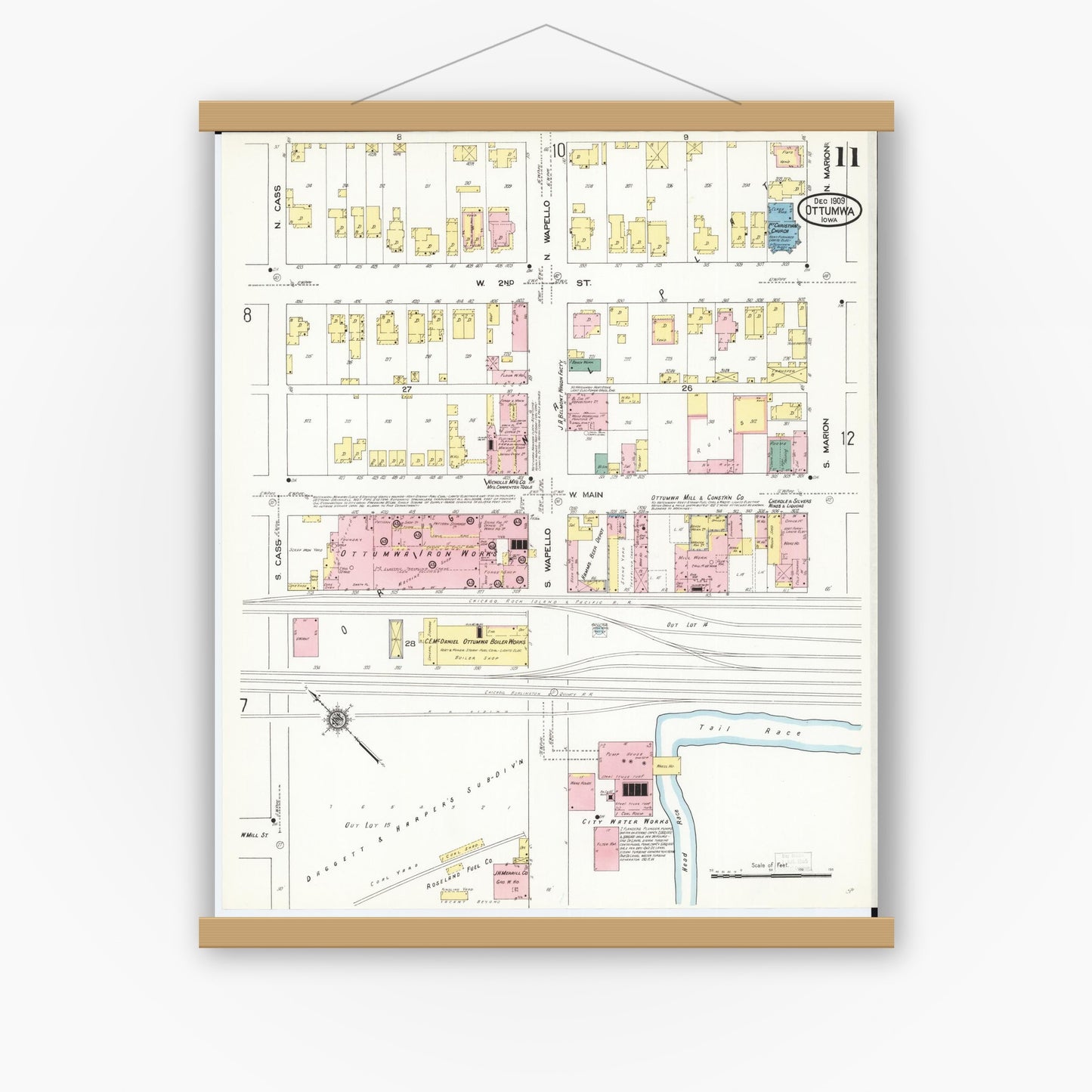 Old map wall art mockup — magnetic wood frame on white wall — Sanborn Fire Insurance Map from Ottumwa, Wapello County, Iowa (1909), Sheet #0011