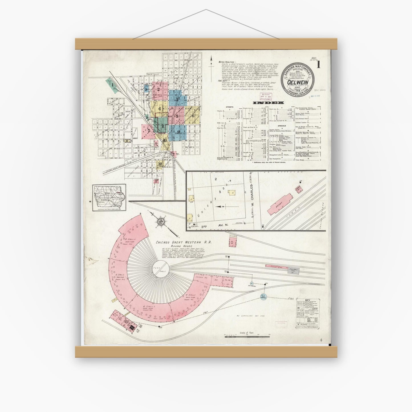 Old map wall art mockup — magnetic wood frame on white wall — Sanborn Fire Insurance Map from Oelwein, Fayette County, Iowa (1914) â€” Complete Set
