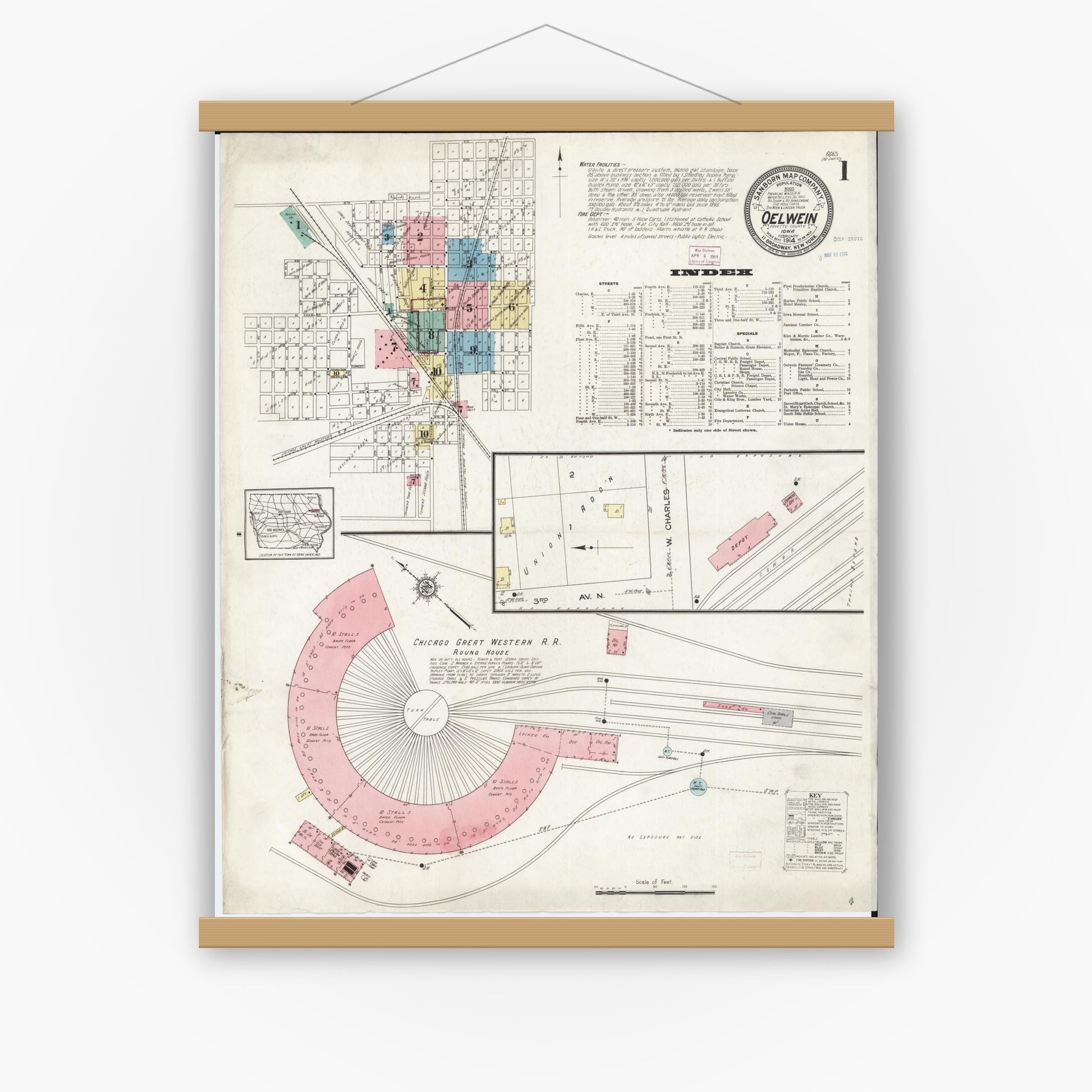 Old map wall art mockup — magnetic wood frame on white wall — Sanborn Fire Insurance Map from Oelwein, Fayette County, Iowa (1914) â€” Complete Set