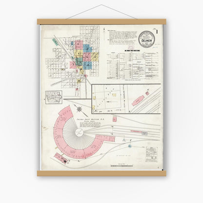 Old map wall art mockup — magnetic wood frame on white wall — Sanborn Fire Insurance Map from Oelwein, Fayette County, Iowa (1914) â€” Complete Set