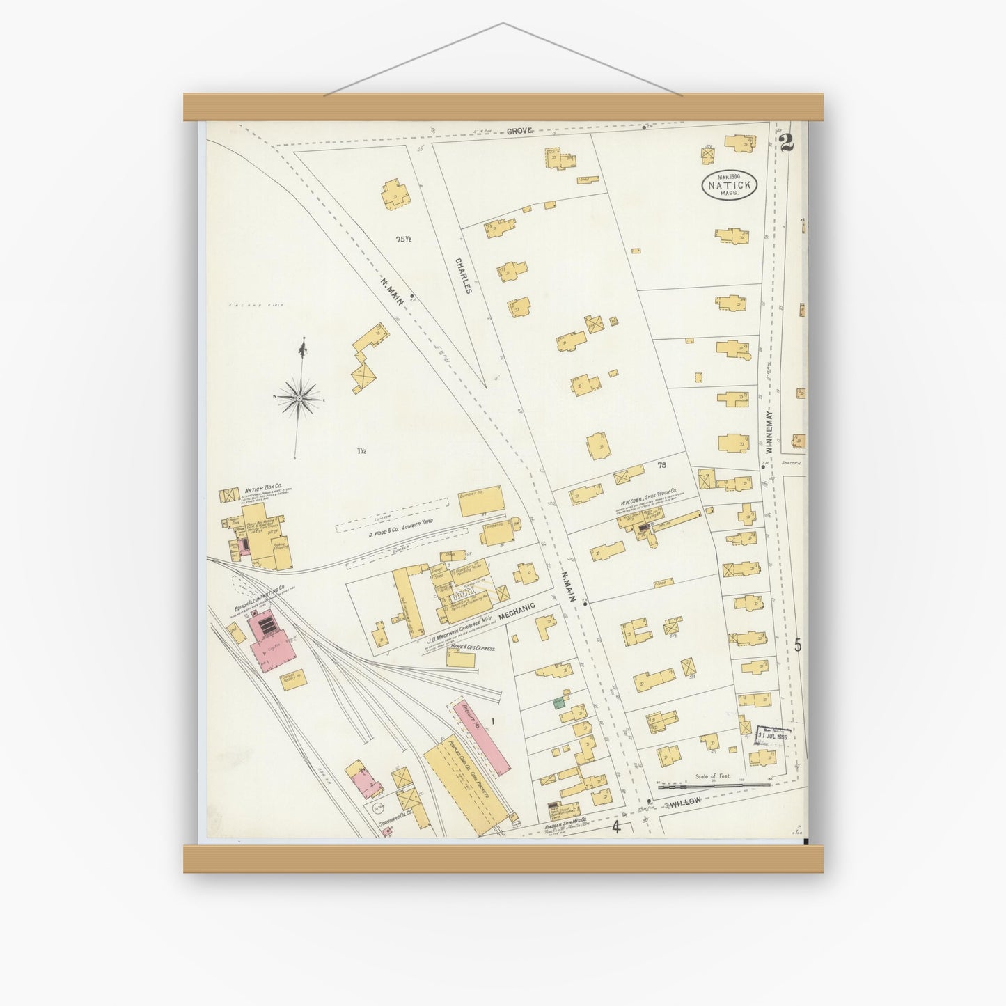Old map wall art mockup — magnetic wood frame on white wall — Sanborn Fire Insurance Map from Natick, Middlesex County, Massachusetts (1904), Sheet #0002