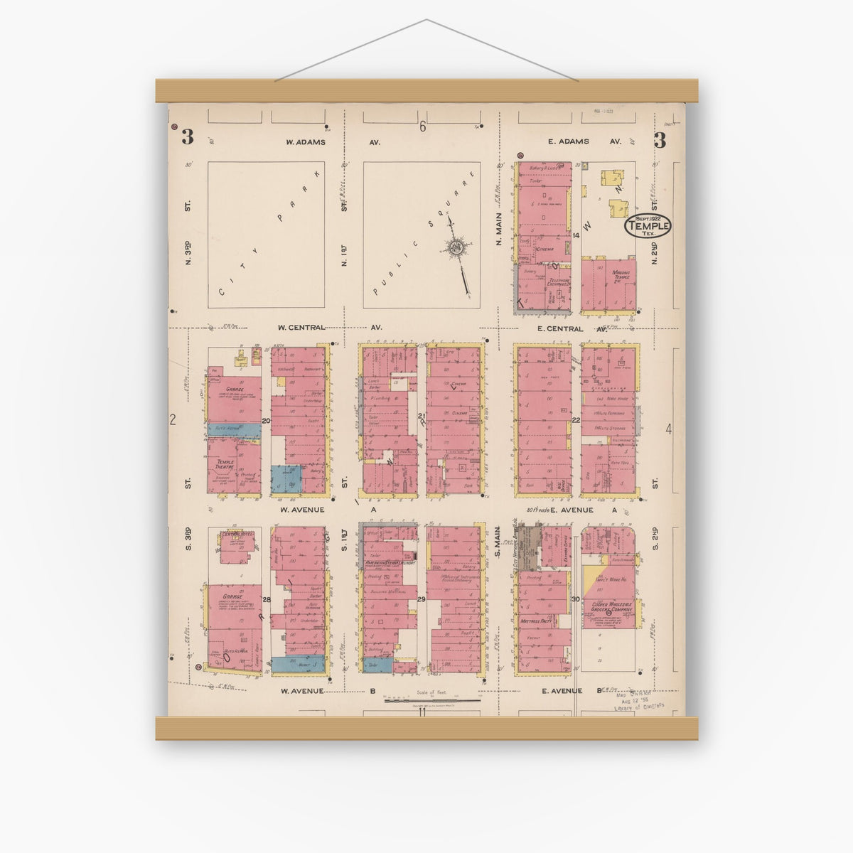 Old map wall art mockup — magnetic wood frame on white wall — Sanborn Fire Insurance Map from Temple, Bell County, Texas (1922), Sheet #0003