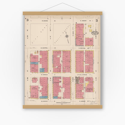 Old map wall art mockup — magnetic wood frame on white wall — Sanborn Fire Insurance Map from Temple, Bell County, Texas (1922), Sheet #0003