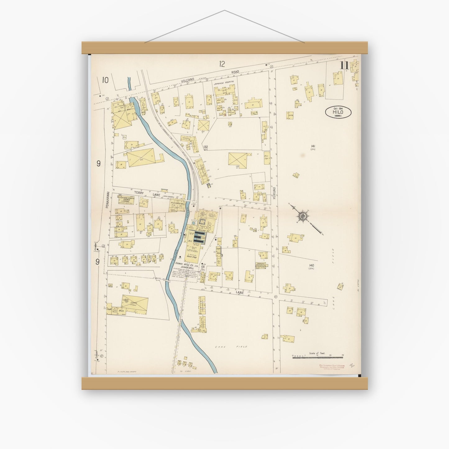 Old map wall art mockup — magnetic wood frame on white wall — Sanborn Fire Insurance Map from Hilo, Hawaii County, Hawaii (1914), Sheet #0011