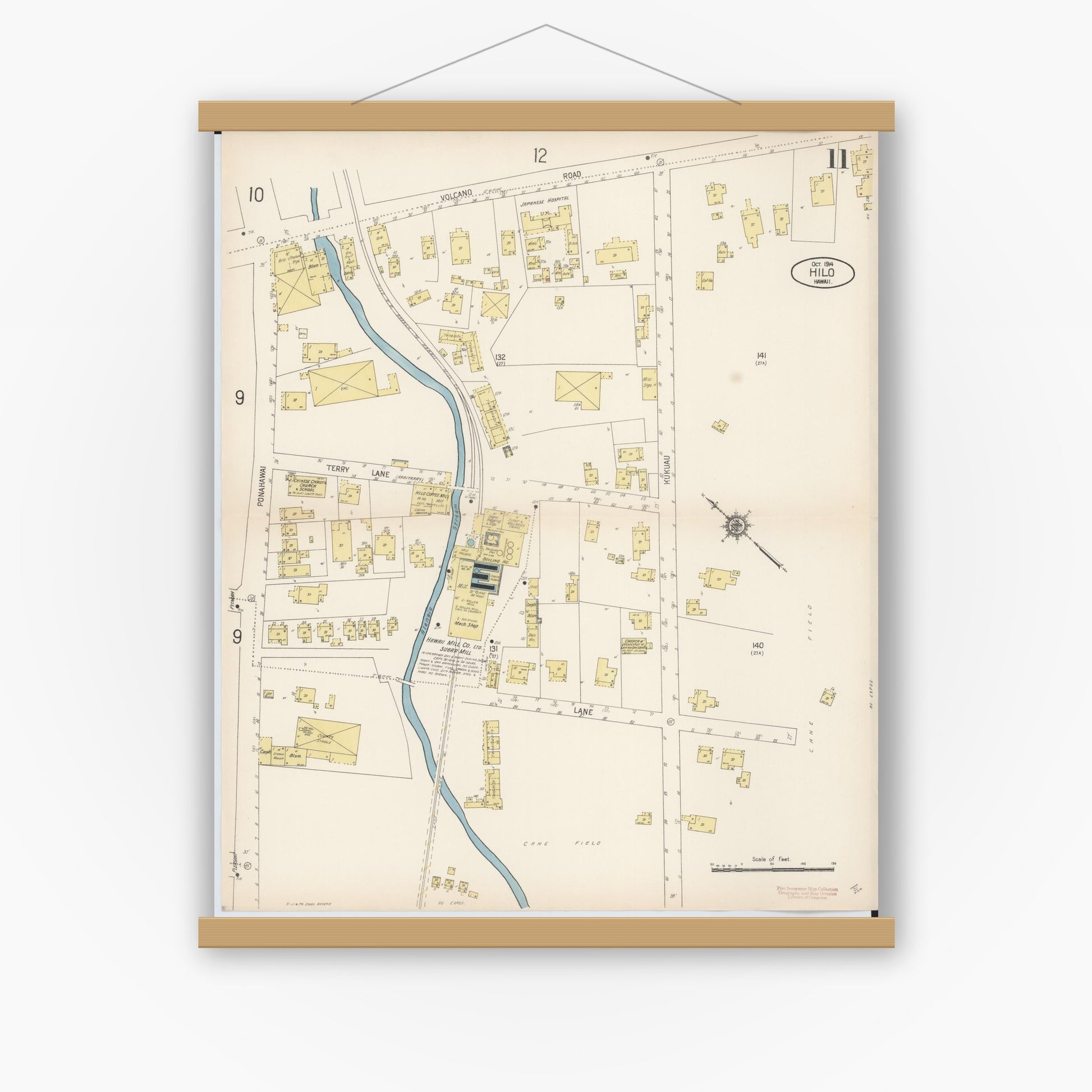 Old map wall art mockup — magnetic wood frame on white wall — Sanborn Fire Insurance Map from Hilo, Hawaii County, Hawaii (1914), Sheet #0011
