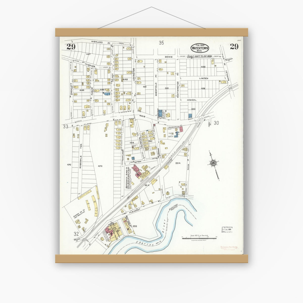 Old map wall art mockup — magnetic wood frame on white wall — Sanborn Fire Insurance Map from Watertown, Middlesex County, Massachusetts (1923), Sheet #0029