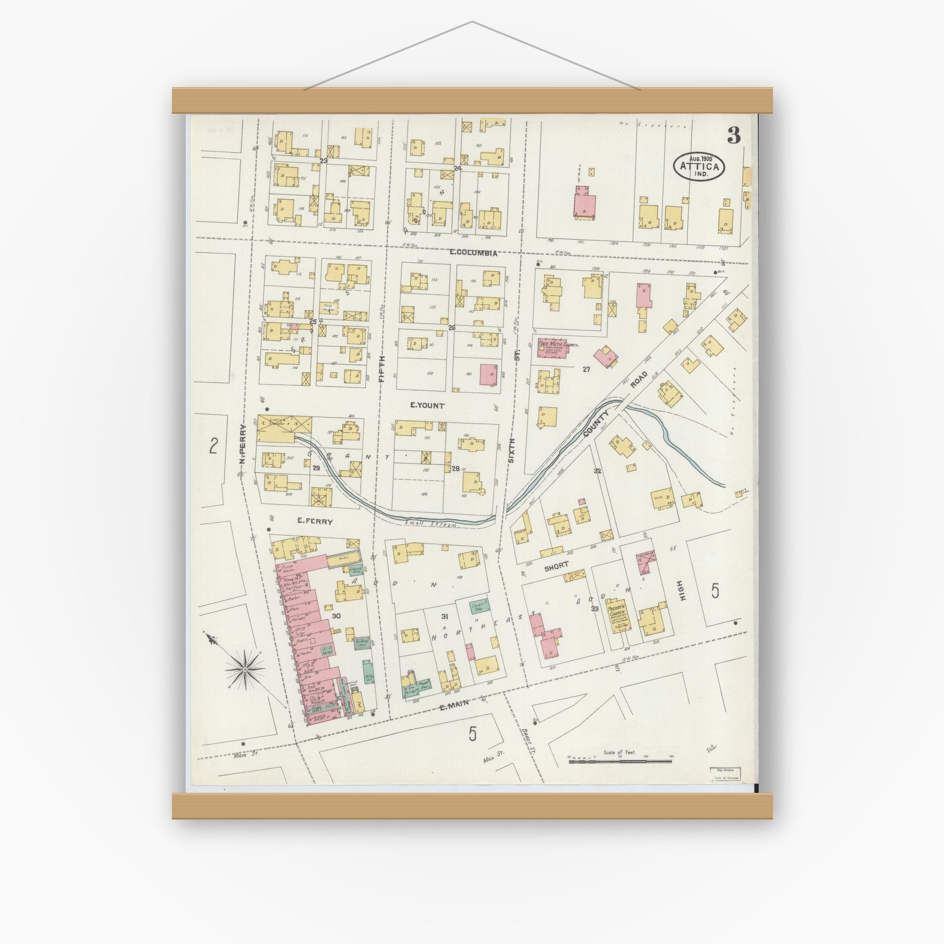 Old map wall art mockup — magnetic wood frame on white wall — Sanborn Fire Insurance Map from Attica, Fountain County, Indiana (1905), Sheet #0003