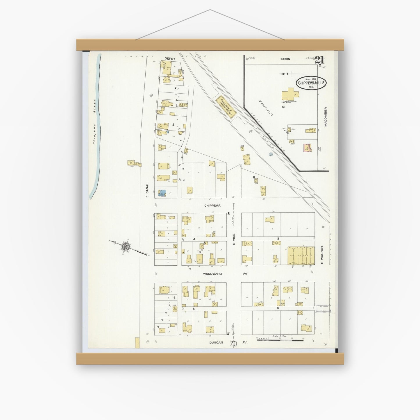 Old map wall art mockup — magnetic wood frame on white wall — Sanborn Fire Insurance Map from Chippewa Falls, Chippewa County, Wisconsin (1910), Sheet #0021