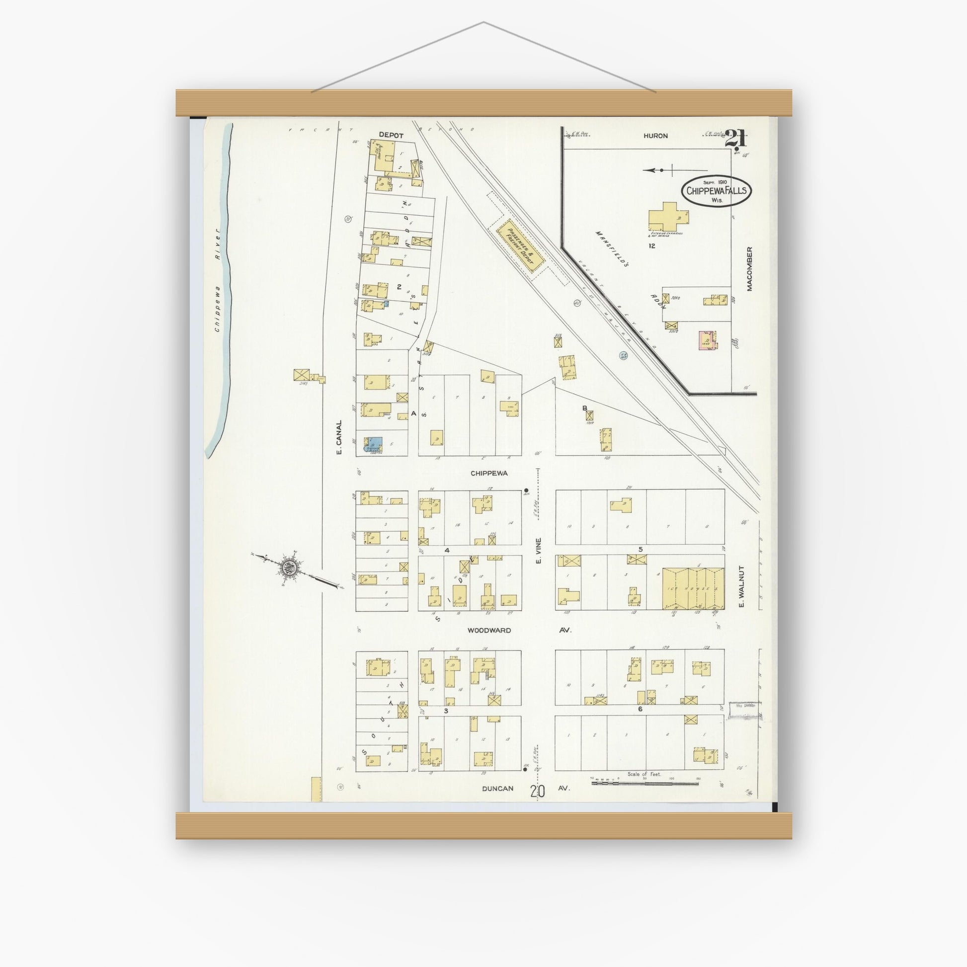 Old map wall art mockup — magnetic wood frame on white wall — Sanborn Fire Insurance Map from Chippewa Falls, Chippewa County, Wisconsin (1910), Sheet #0021
