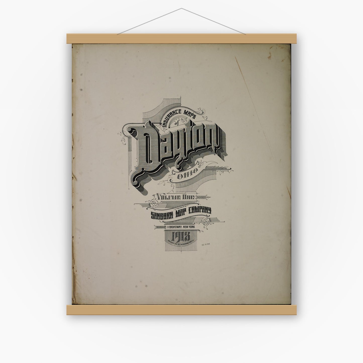 Old map wall art mockup — magnetic wood frame on white wall — Sanborn Fire Insurance Map from Dayton, Montgomery County, Ohio (1918), Sheet #0001