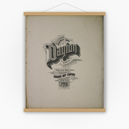 Old map wall art mockup — magnetic wood frame on white wall — Sanborn Fire Insurance Map from Dayton, Montgomery County, Ohio (1918), Sheet #0001