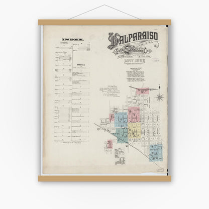 Old map wall art mockup — magnetic wood frame on white wall — Sanborn Fire Insurance Map from Valparaiso, Porter County, Indiana (1886) - Complete Map Set