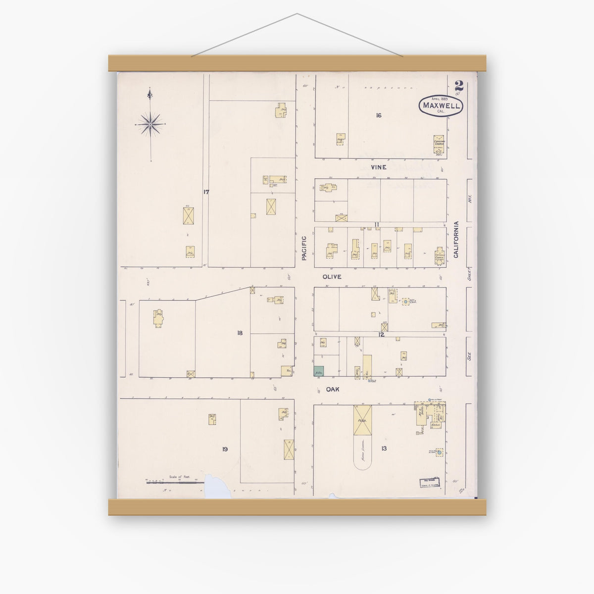 Old map wall art mockup — magnetic wood frame on white wall — Sanborn Fire Insurance Map from Maxwell, Colusa County, California (1889), Sheet #0002