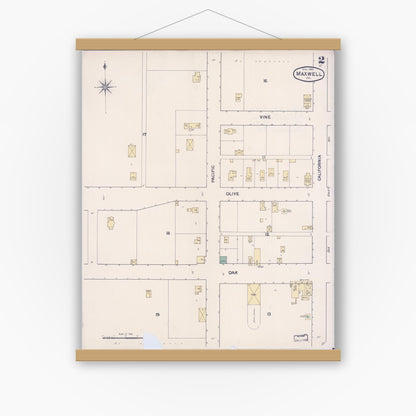 Old map wall art mockup — magnetic wood frame on white wall — Sanborn Fire Insurance Map from Maxwell, Colusa County, California (1889), Sheet #0002