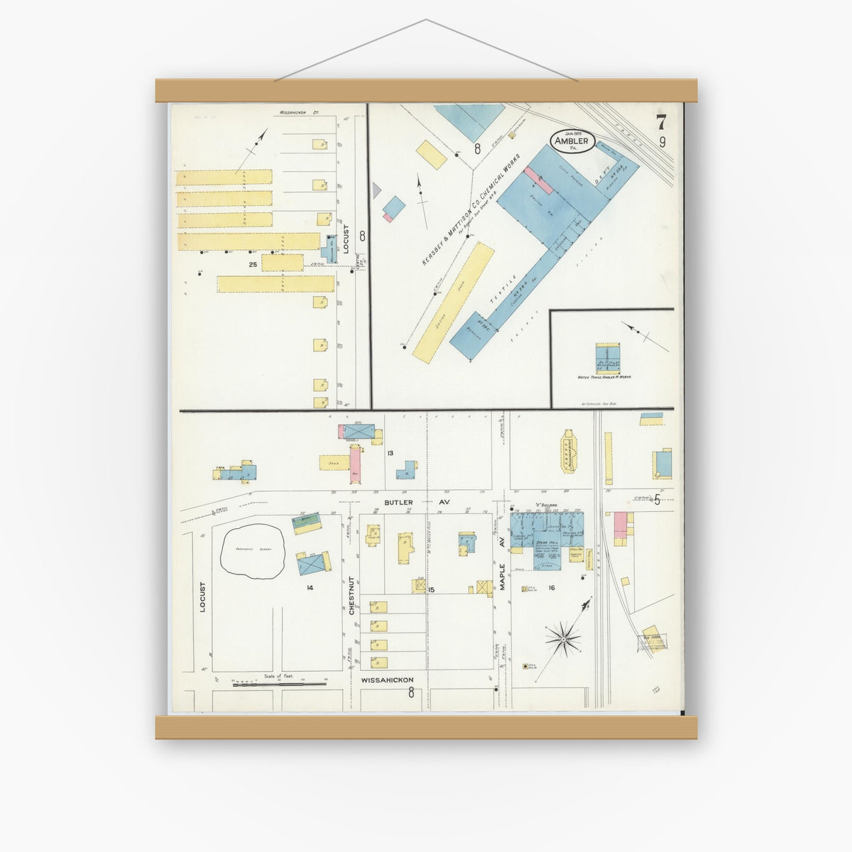 Old map wall art mockup — magnetic wood frame on white wall — Sanborn Fire Insurance Map from Ambler, Montgomery County, Pennsylvania (1909), Sheet #0007
