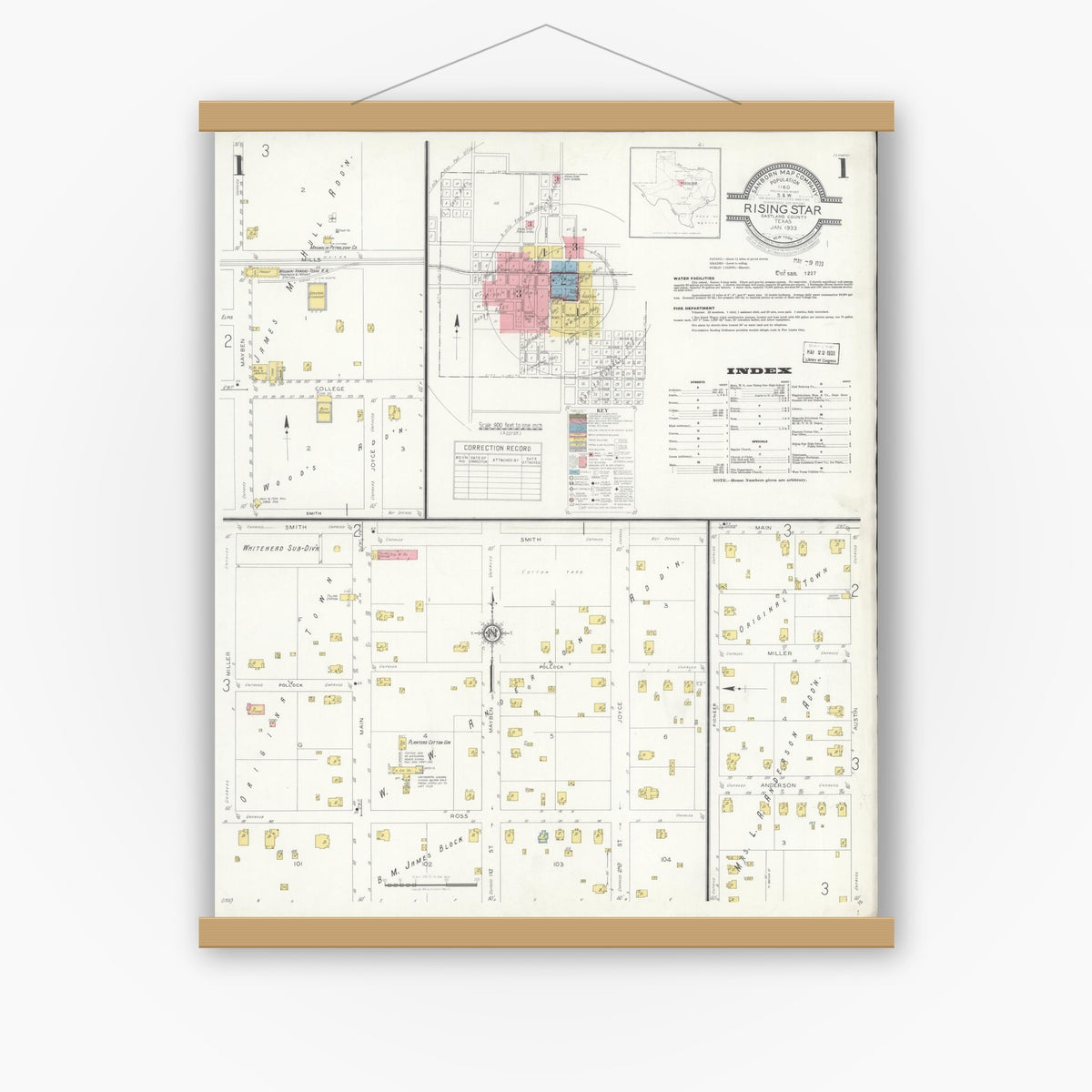 Old map wall art mockup — magnetic wood frame on white wall — Sanborn Fire Insurance Map from Rising Star, Eastland County, Texas (1933), Sheet #0001