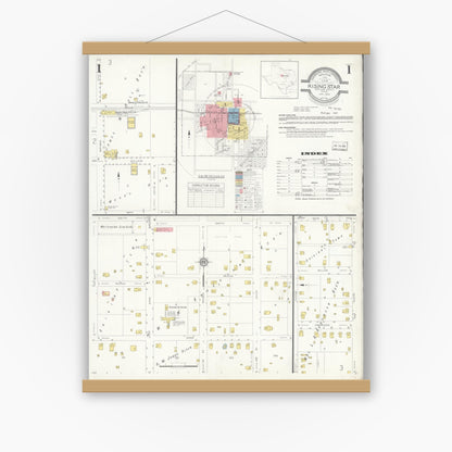 Old map wall art mockup — magnetic wood frame on white wall — Sanborn Fire Insurance Map from Rising Star, Eastland County, Texas (1933), Sheet #0001