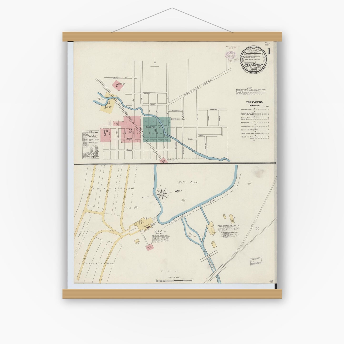 Old map wall art mockup — magnetic wood frame on white wall — Sanborn Fire Insurance Map from West Branch, Ogemaw County, Michigan (1893), Sheet #0001