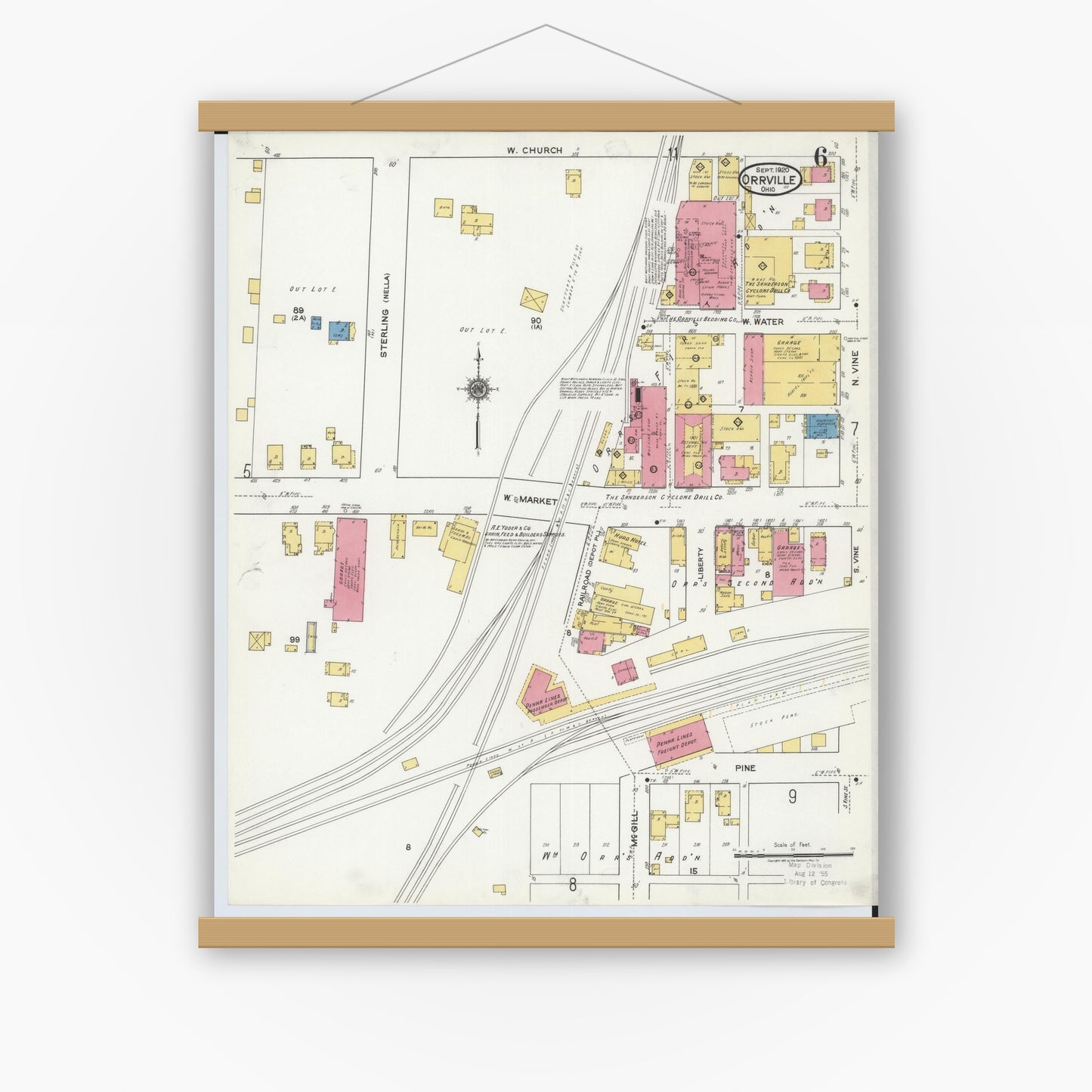 Old map wall art mockup — magnetic wood frame on white wall — Sanborn Fire Insurance Map from Orrville, Wayne County, Ohio (1920), Sheet #0006