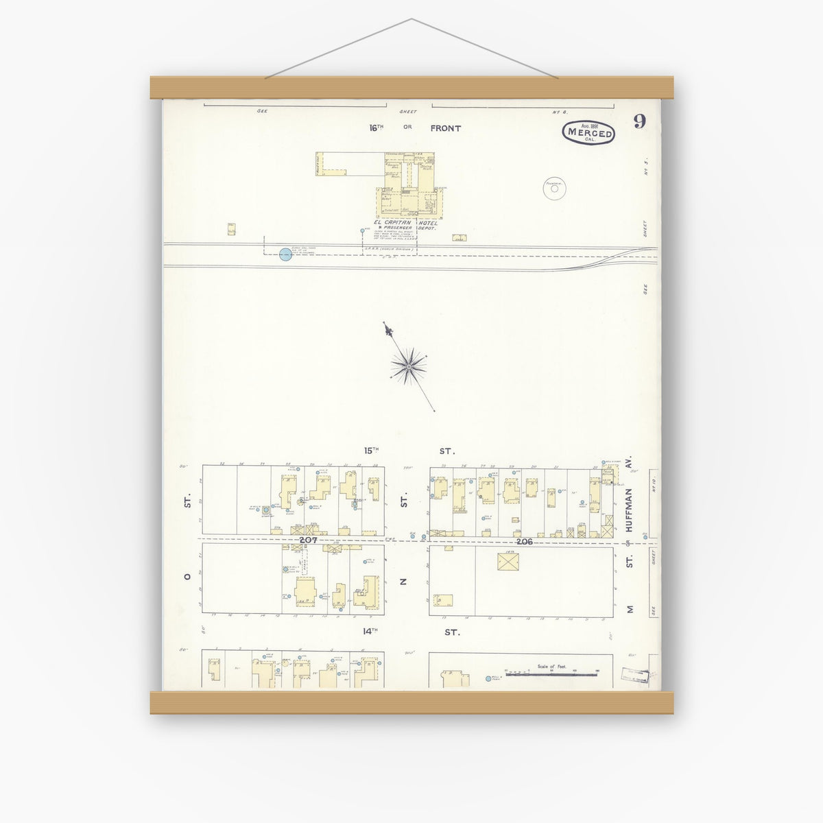 Old map wall art mockup — magnetic wood frame on white wall — Sanborn Fire Insurance Map from Merced, Merced County, California (1891), Sheet #0009