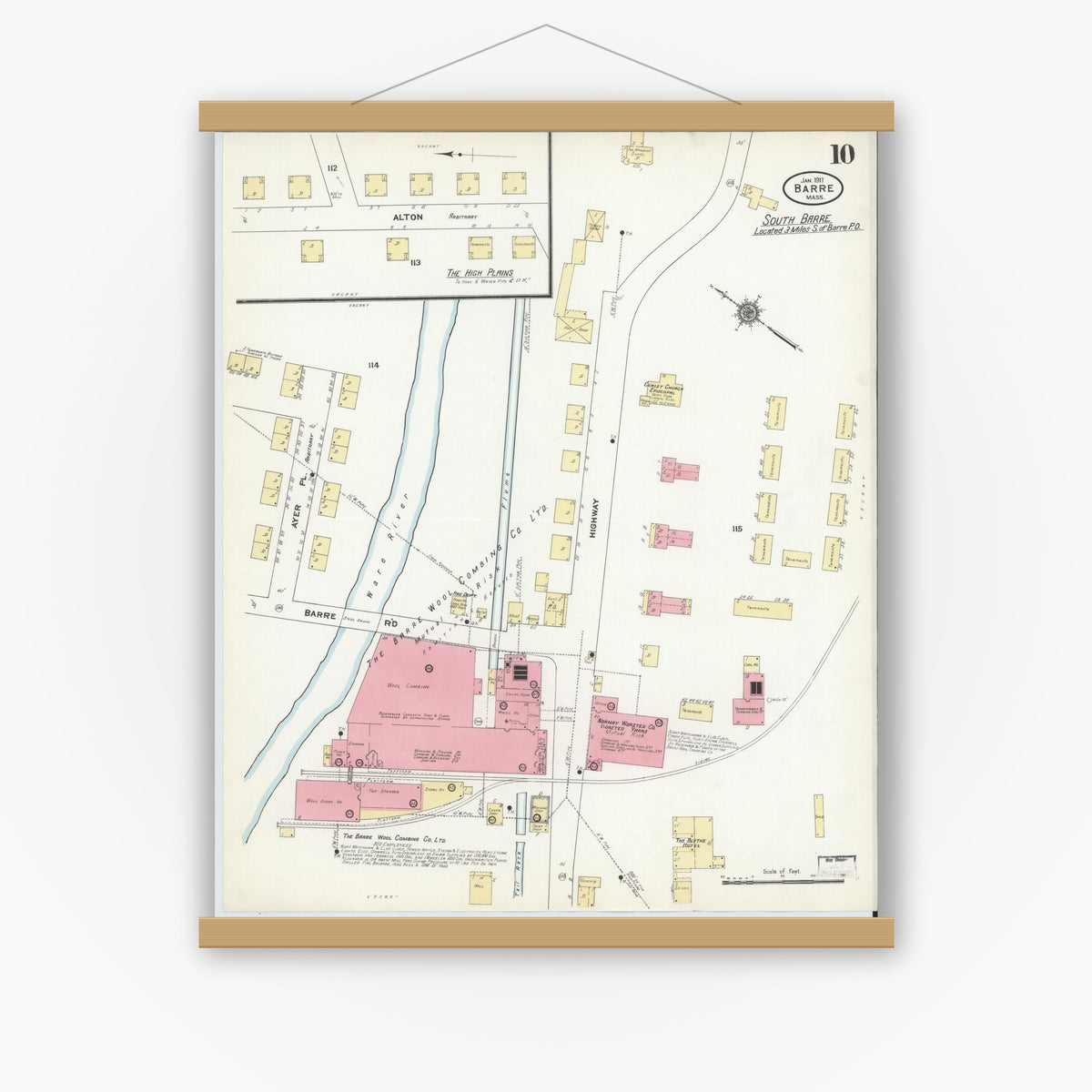 Old map wall art mockup — magnetic wood frame on white wall — Sanborn Fire Insurance Map from Barre, Worcester County, Massachusetts (1911), Sheet #0010