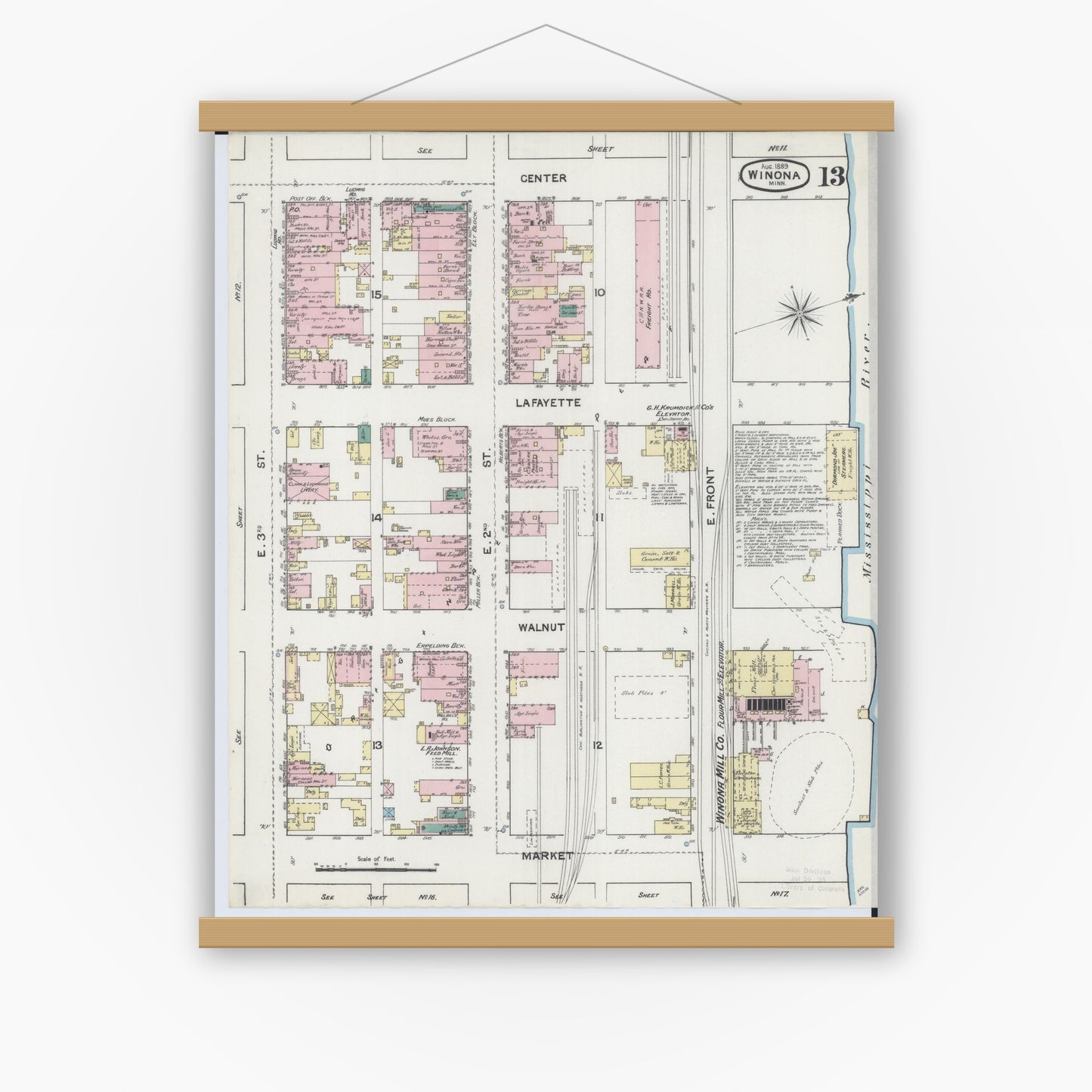 Old map wall art mockup — magnetic wood frame on white wall — Sanborn Fire Insurance Map from Winona, Winona County, Minnesota (1889), Sheet #0013