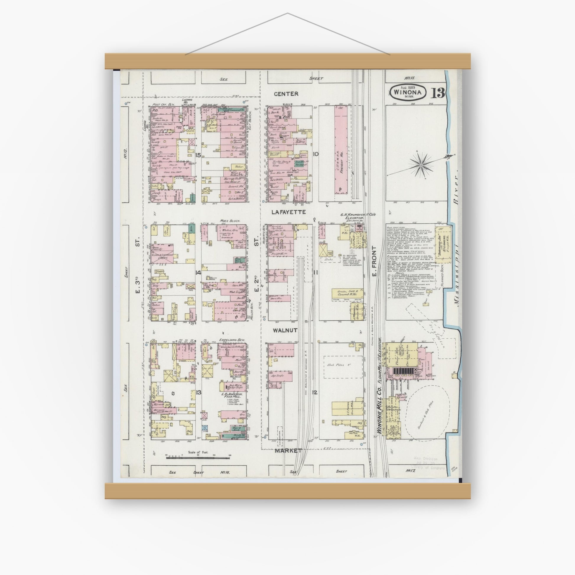 Old map wall art mockup — magnetic wood frame on white wall — Sanborn Fire Insurance Map from Winona, Winona County, Minnesota (1889), Sheet #0013