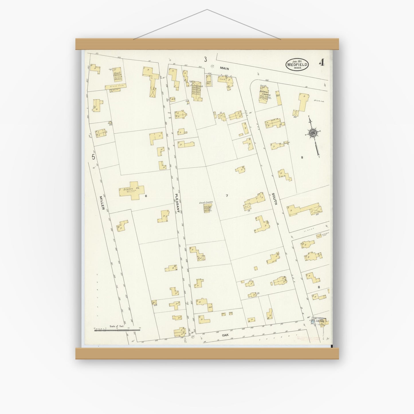 Old map wall art mockup — magnetic wood frame on white wall — Sanborn Fire Insurance Map from Medfield, Norfolk County, Massachusetts (1911), Sheet #0004