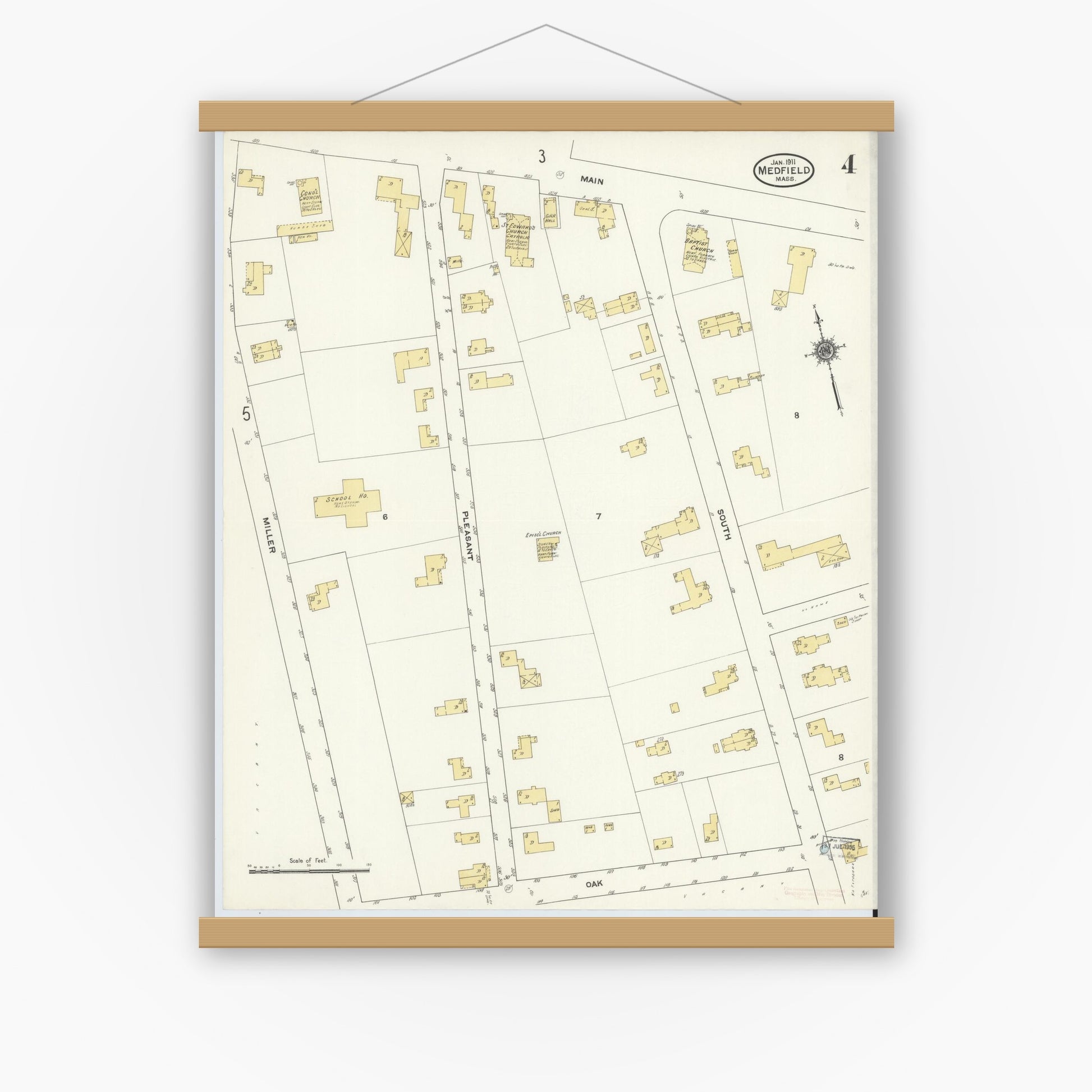 Old map wall art mockup — magnetic wood frame on white wall — Sanborn Fire Insurance Map from Medfield, Norfolk County, Massachusetts (1911), Sheet #0004