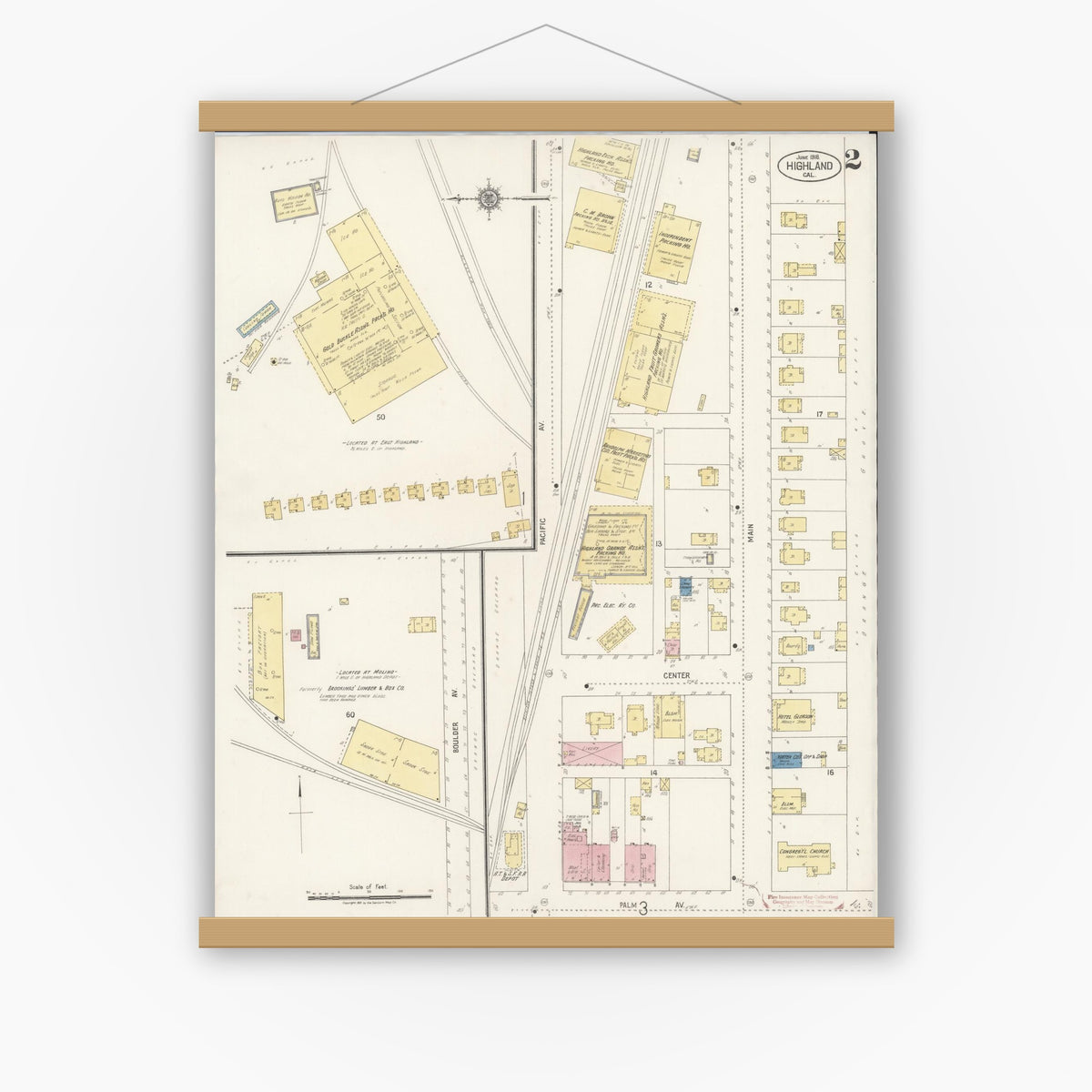 Old map wall art mockup — magnetic wood frame on white wall — Sanborn Fire Insurance Map from Highland, San Bernardino County, California (1918), Sheet #0002