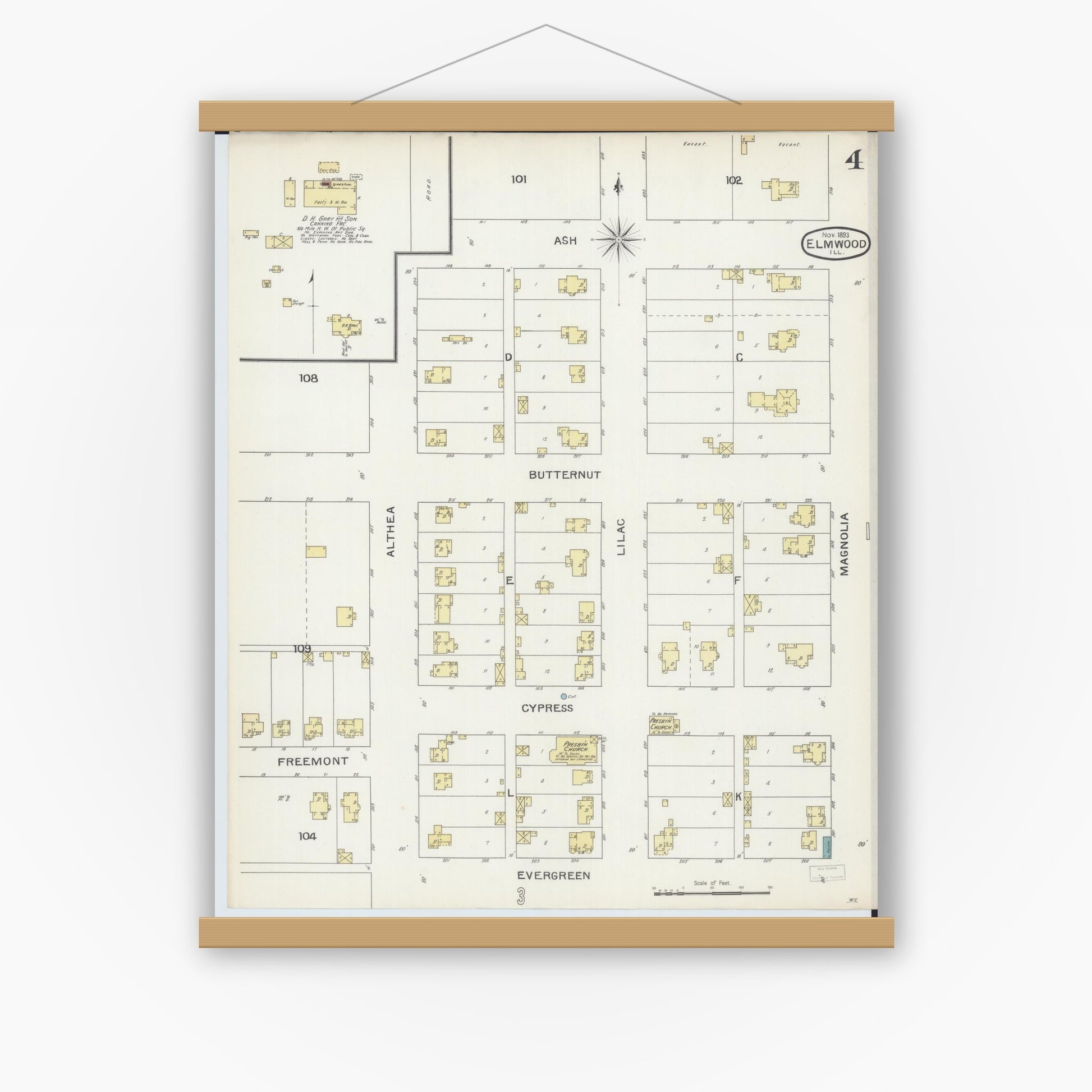 Old map wall art mockup — magnetic wood frame on white wall — Sanborn Fire Insurance Map from Elmwood, Peoria County, Illinois (1893), Sheet #0004