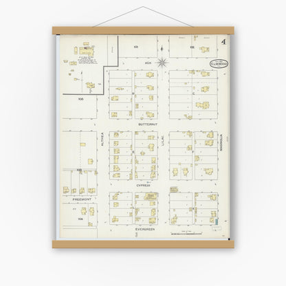 Old map wall art mockup — magnetic wood frame on white wall — Sanborn Fire Insurance Map from Elmwood, Peoria County, Illinois (1893), Sheet #0004